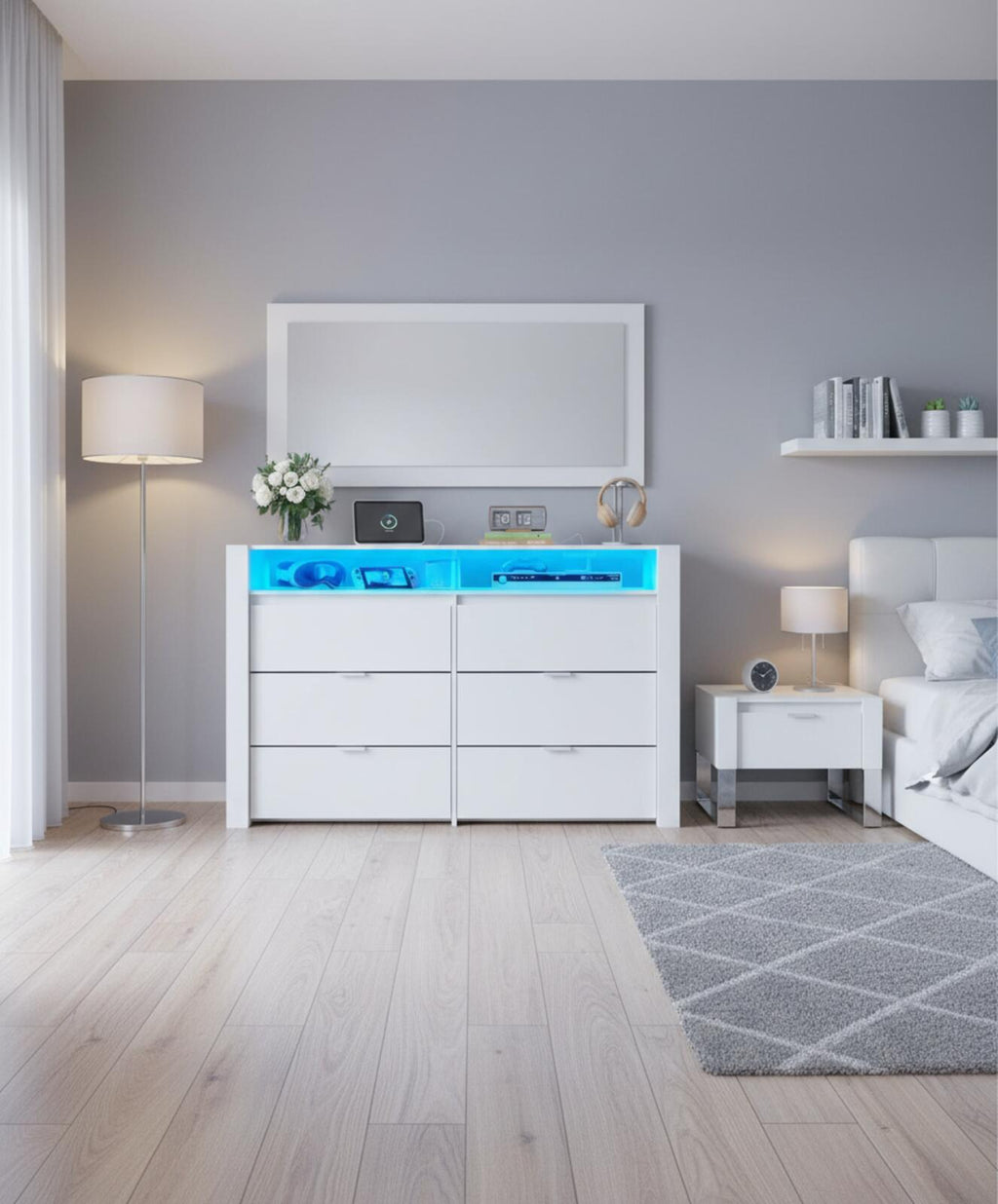 6-Drawer Dresser with Open Shelves and Charging Station
