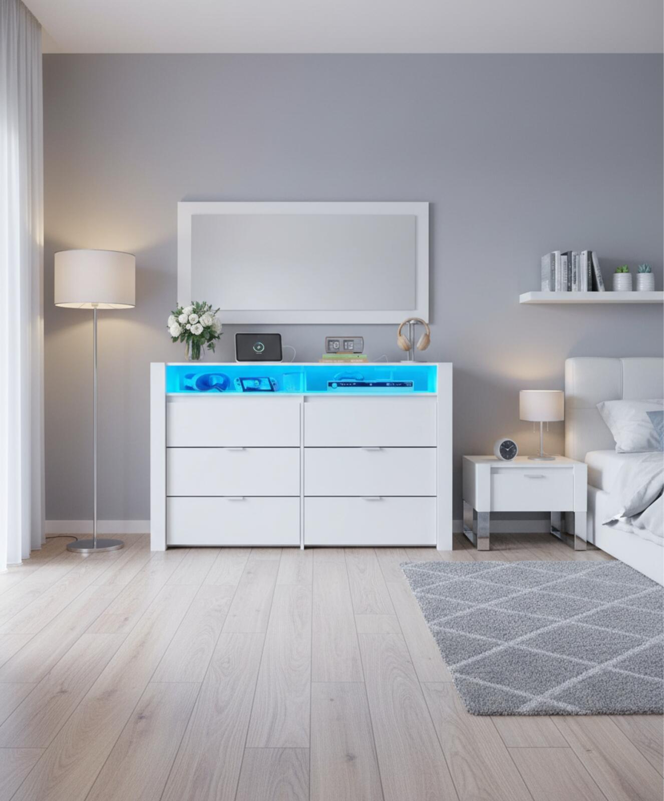 6-Drawer Dresser with Open Shelves and Charging Station