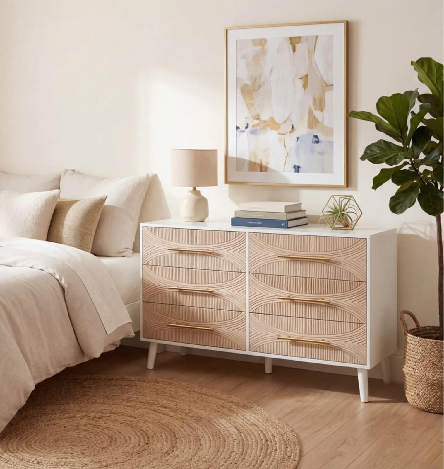 Modern white 6-drawer dresser carved wood gold pulls