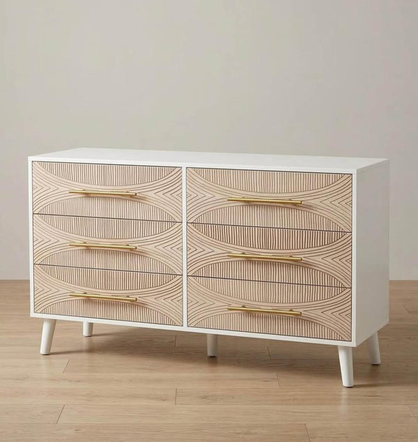 Modern white 6-drawer dresser carved wood gold pulls