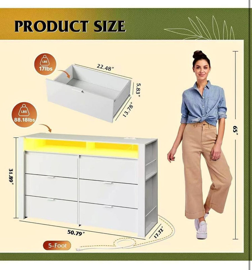 6-Drawer Dresser with Open Shelves and Charging Station