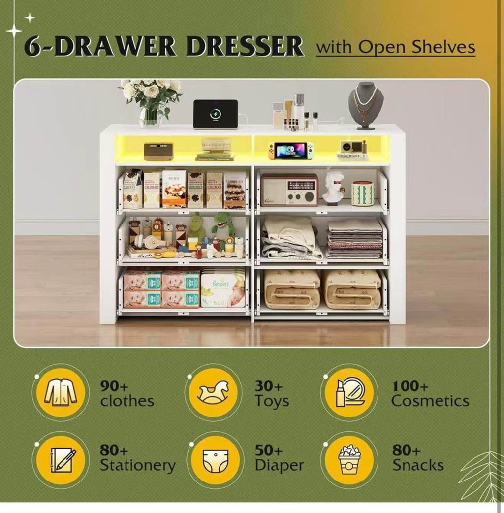 6-Drawer Dresser with Open Shelves and Charging Station