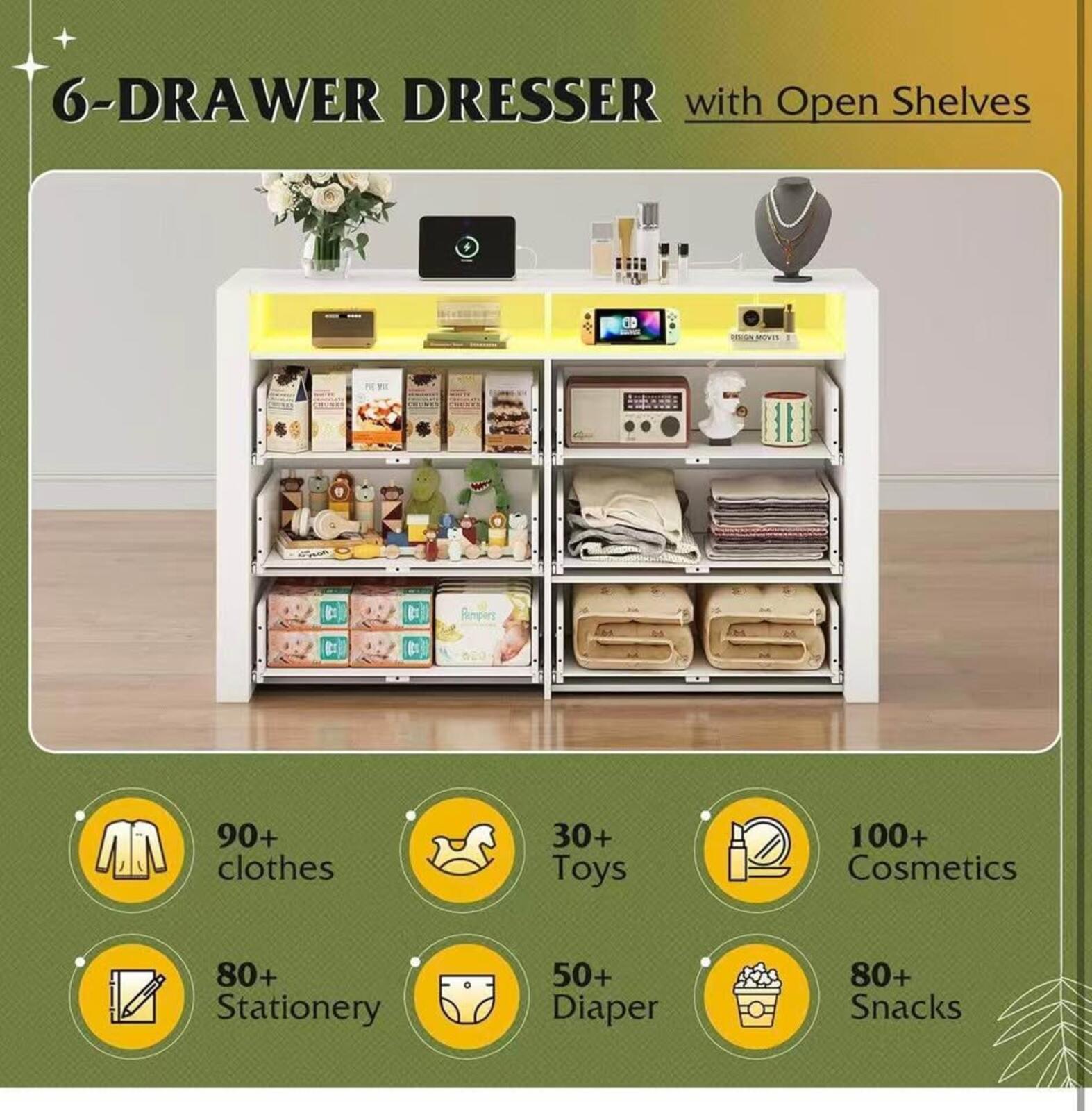 6-Drawer Dresser with Open Shelves and Charging Station