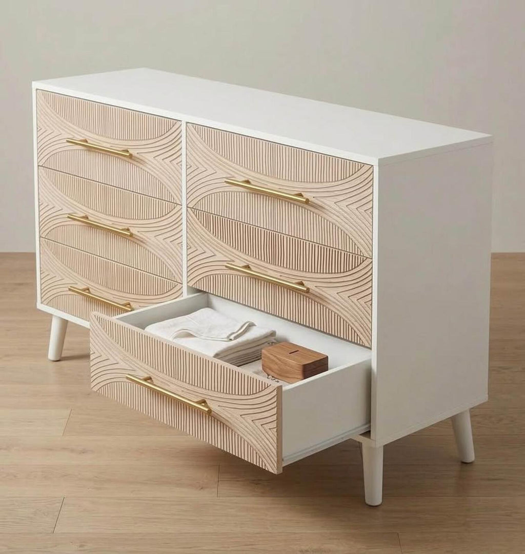 Modern white 6-drawer dresser carved wood gold pulls