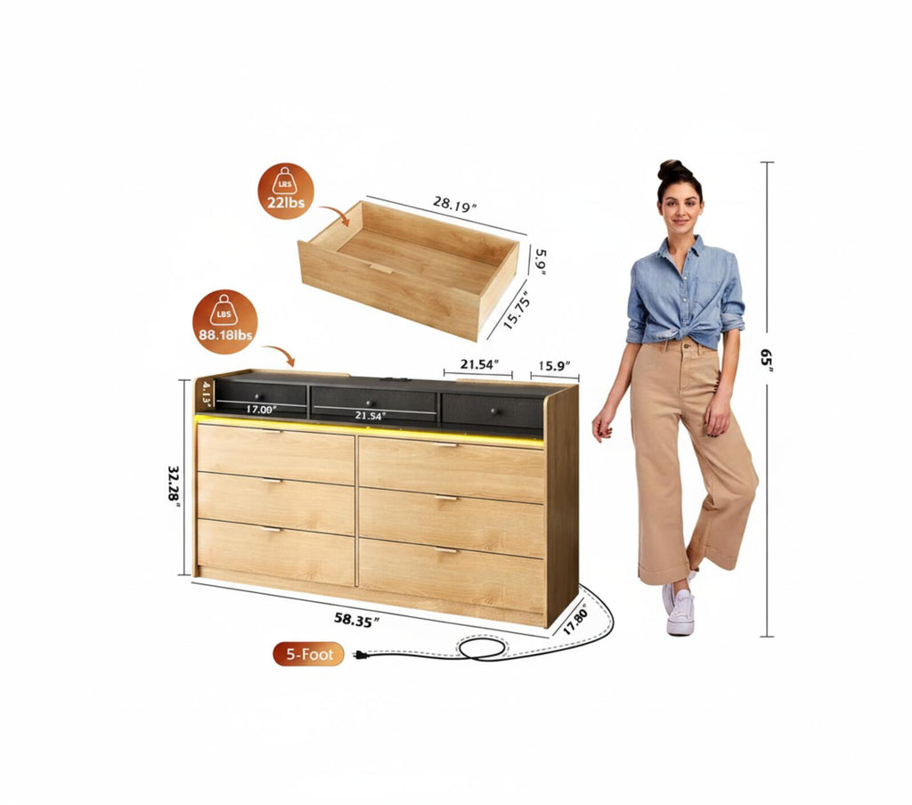 9-Drawer Dresser with Flexible Shelves and Charging Station