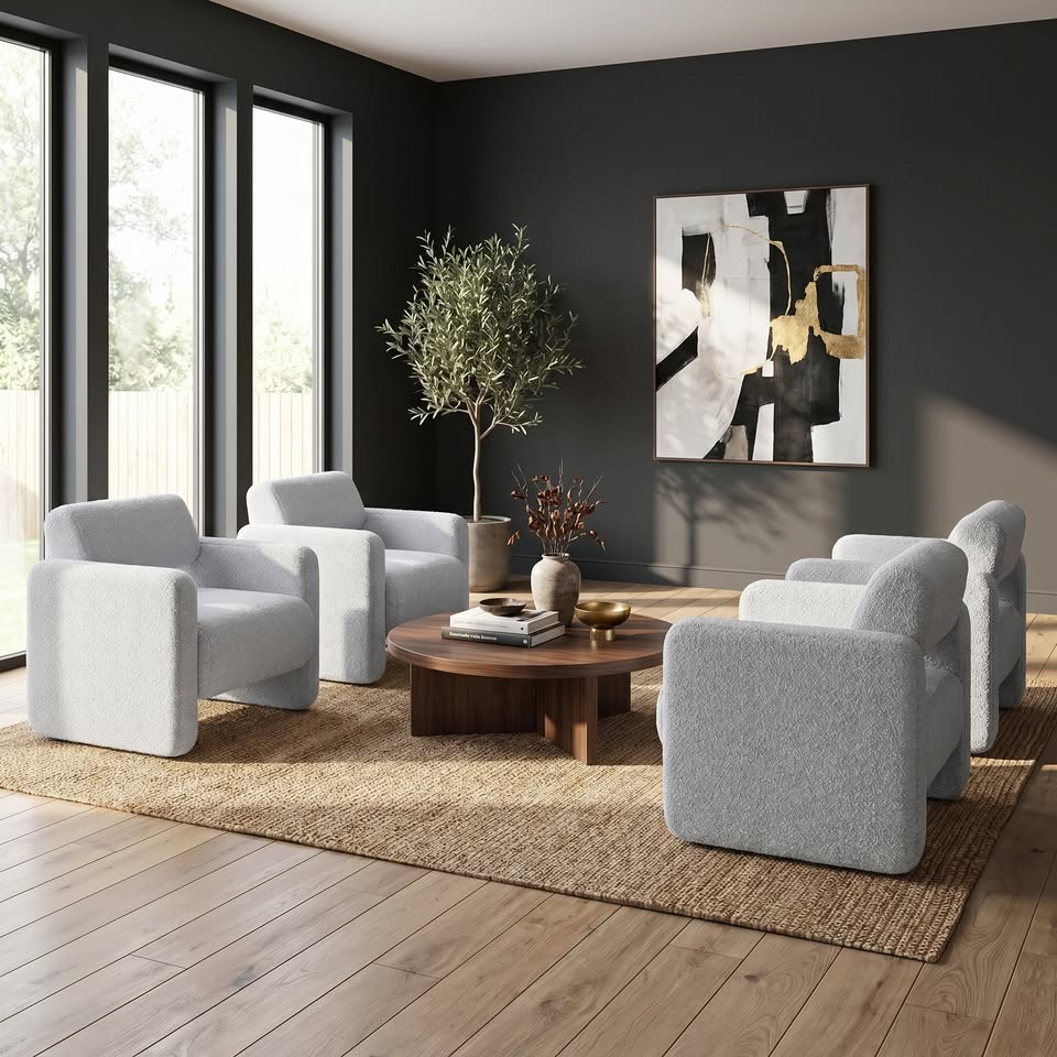 Set of 2 Modern White Bouclé Armchairs