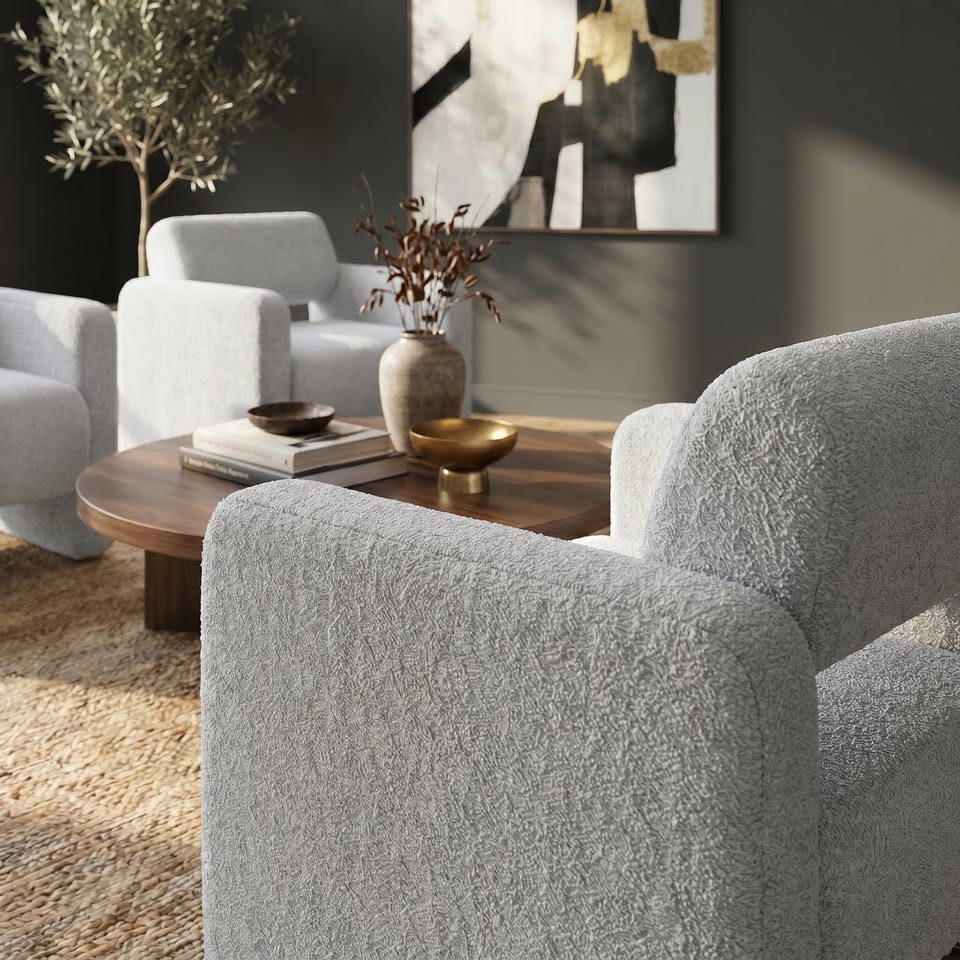 White bouclé armchair detail