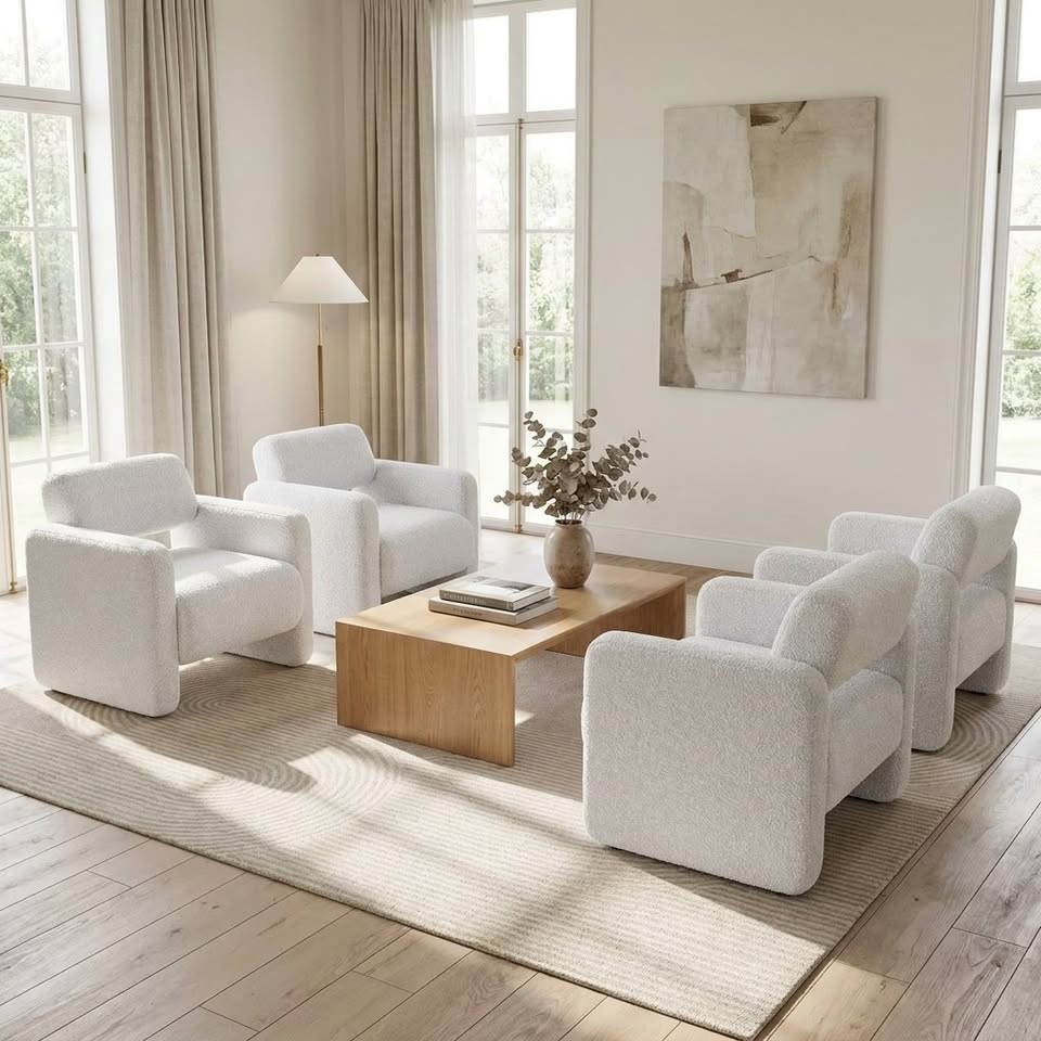 Set of 4 White Bouclé Armchairs (Light Grey)