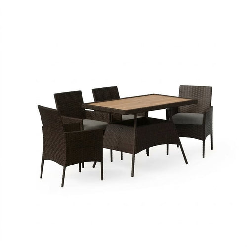 5-Piece Brown Wicker Outdoor Dining Set with Wood Top Table